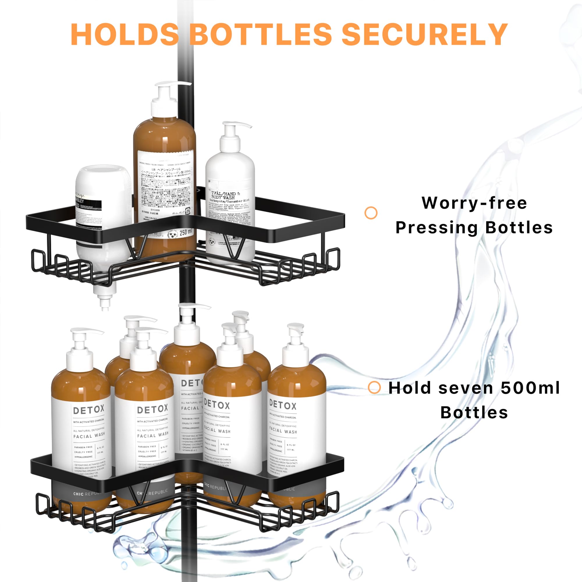KEGII black corner shower caddy adds a sleek, moisture-friendly appeal.