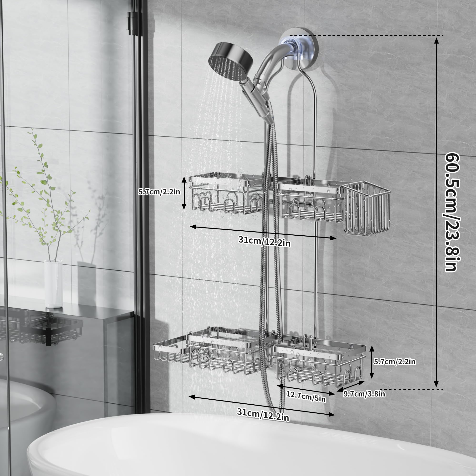 KEGII caddy installed over showerhead keeps essentials in reach.