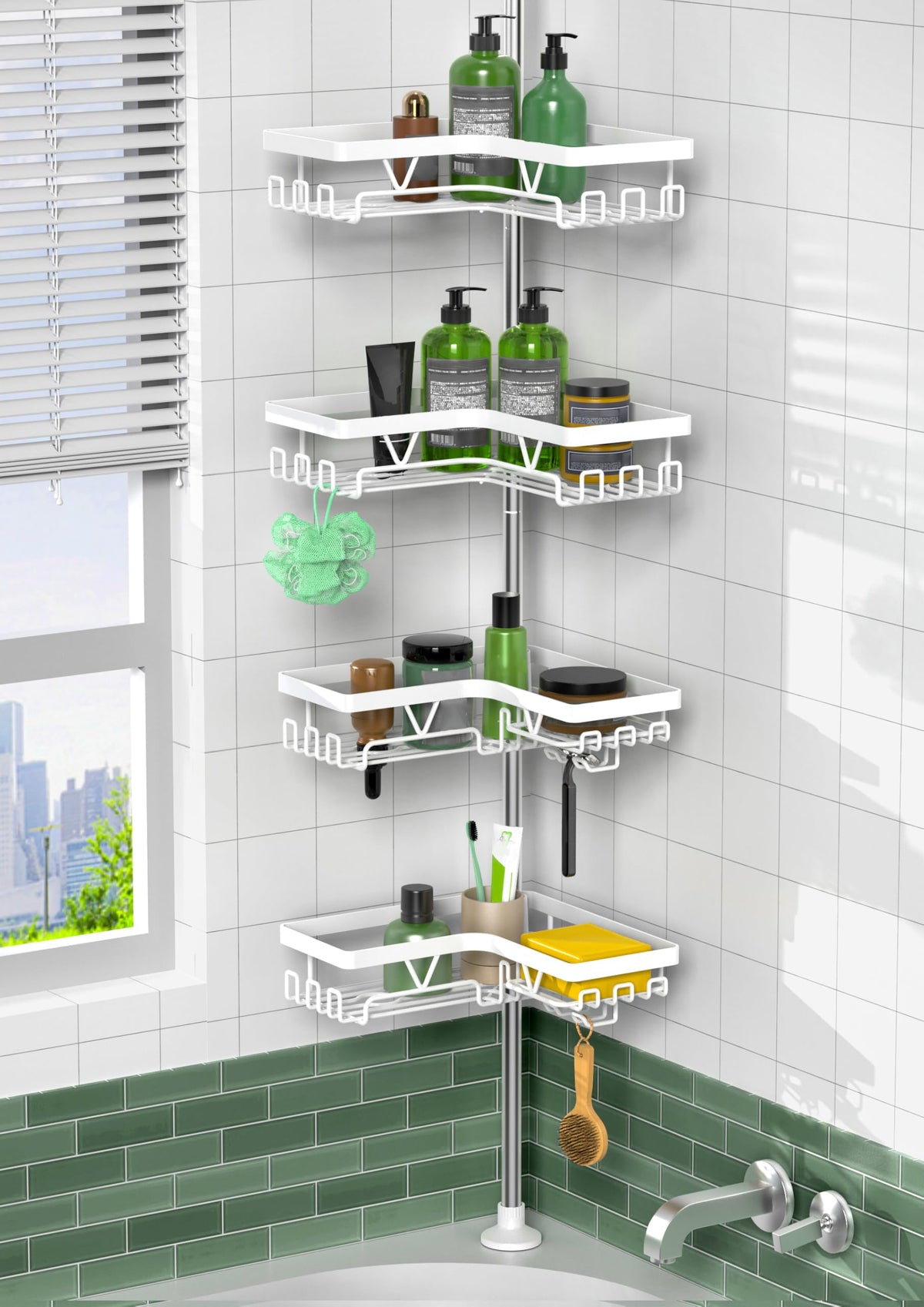 KEGII corner shower caddy with four tiers keeps bottles organized and accessible.