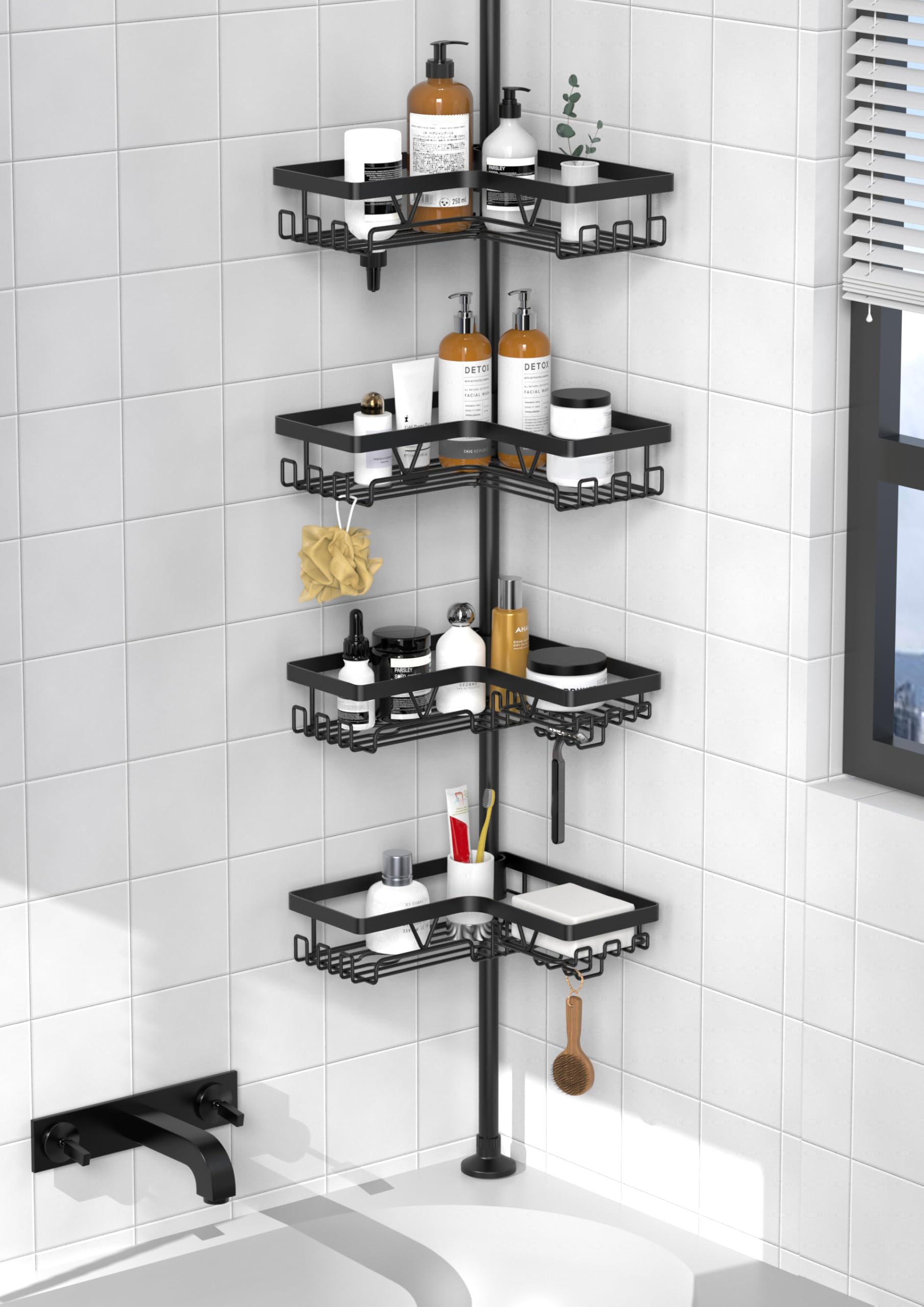 KEGII corner shower caddy tension pole in a compact bathroom, space-saving design.
