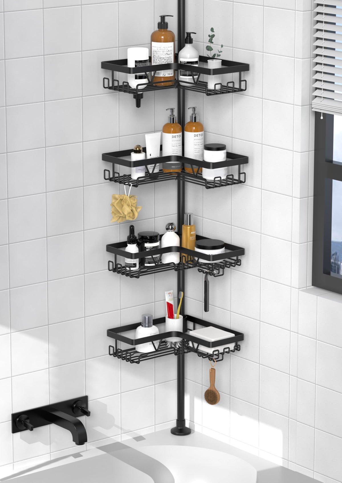 KEGII corner shower caddy tension pole in a compact bathroom, space-saving design.