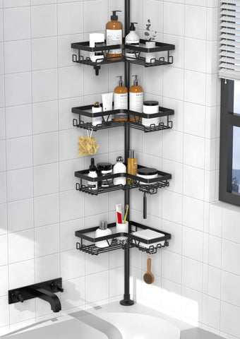 KEGII corner shower caddy tension pole in a compact bathroom, space-saving design.