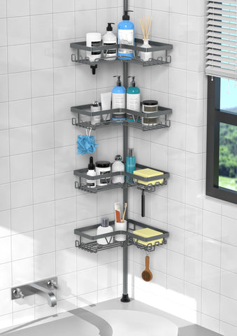 KEGII corner shower caddy tension pole with tall baskets for bottle access.