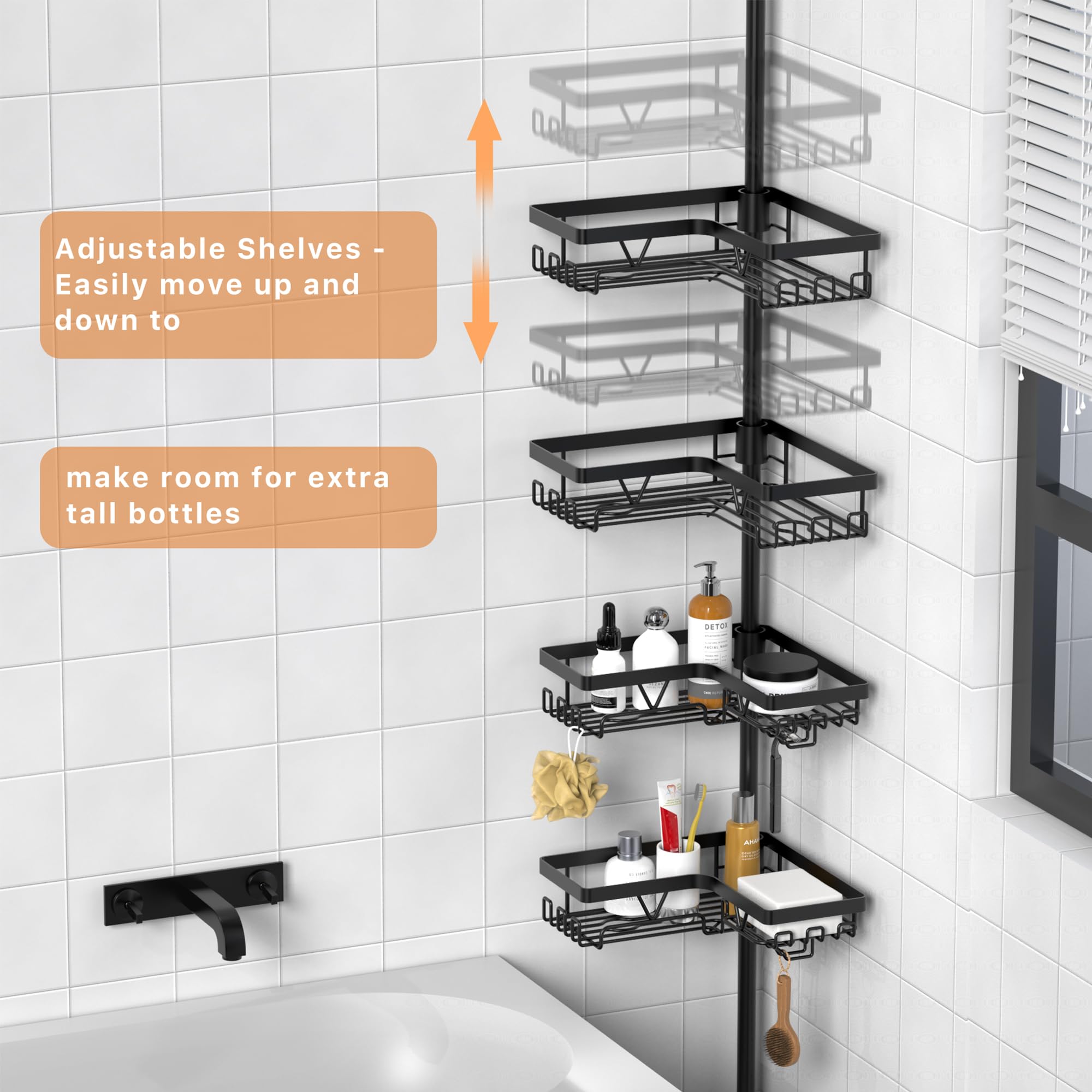 KEGII corner shower caddy towel rack holds towels and bathroom essentials.