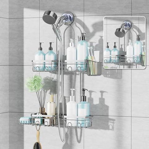 KEGII over-showerhead caddy keeps soaps and tools within easy reach.