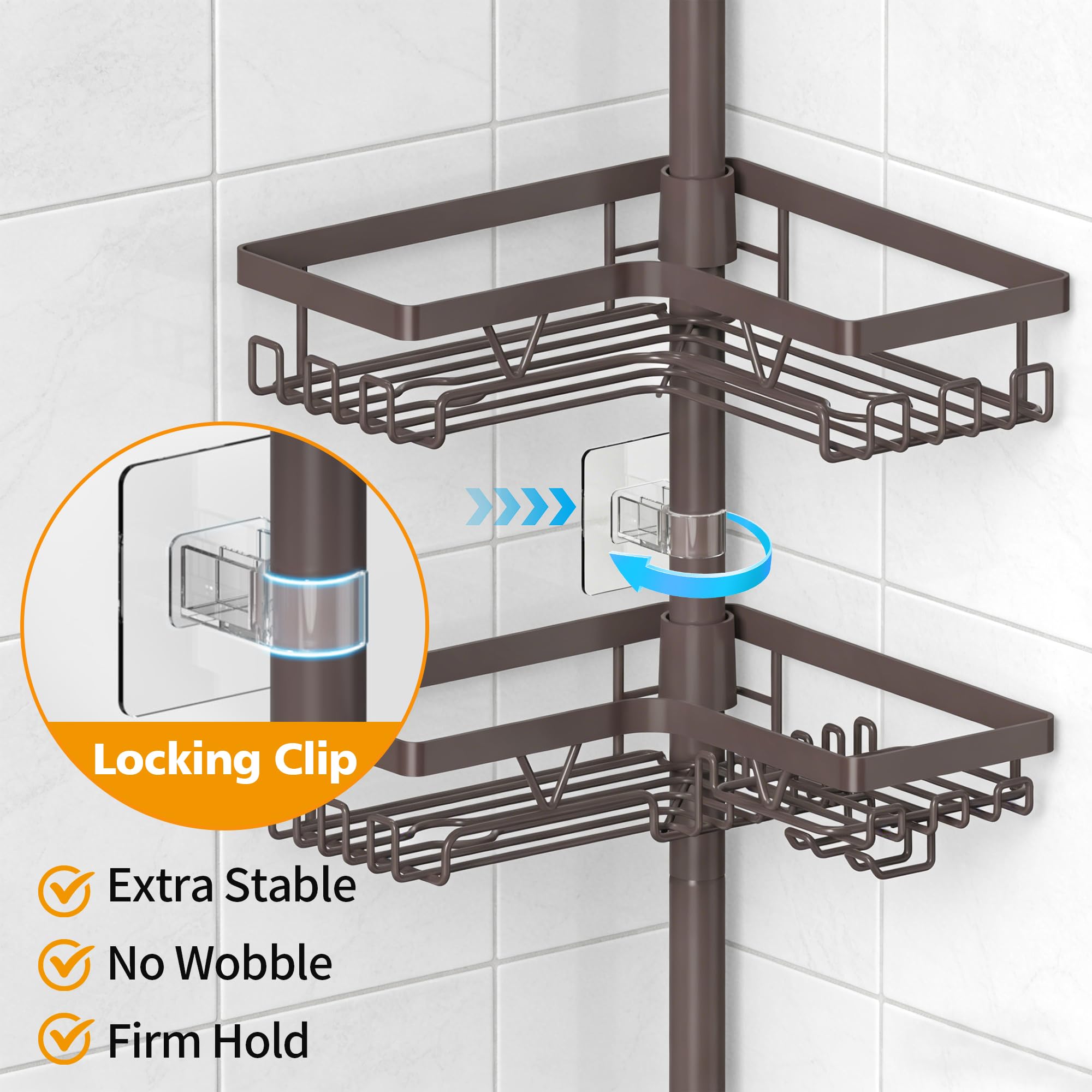 KEGII corner shelves with built in hooks for sponges and tools.