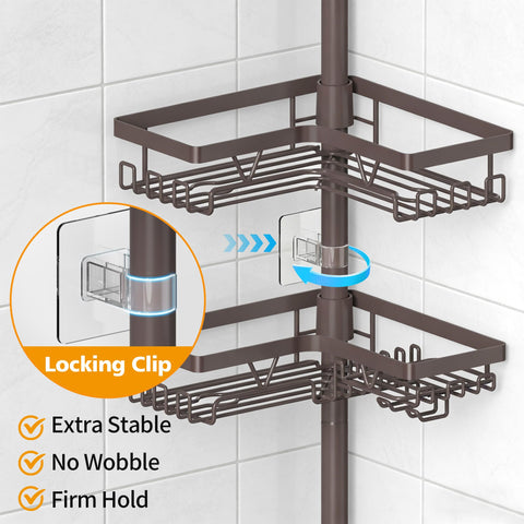 KEGII corner shelves with built in hooks for sponges and tools.