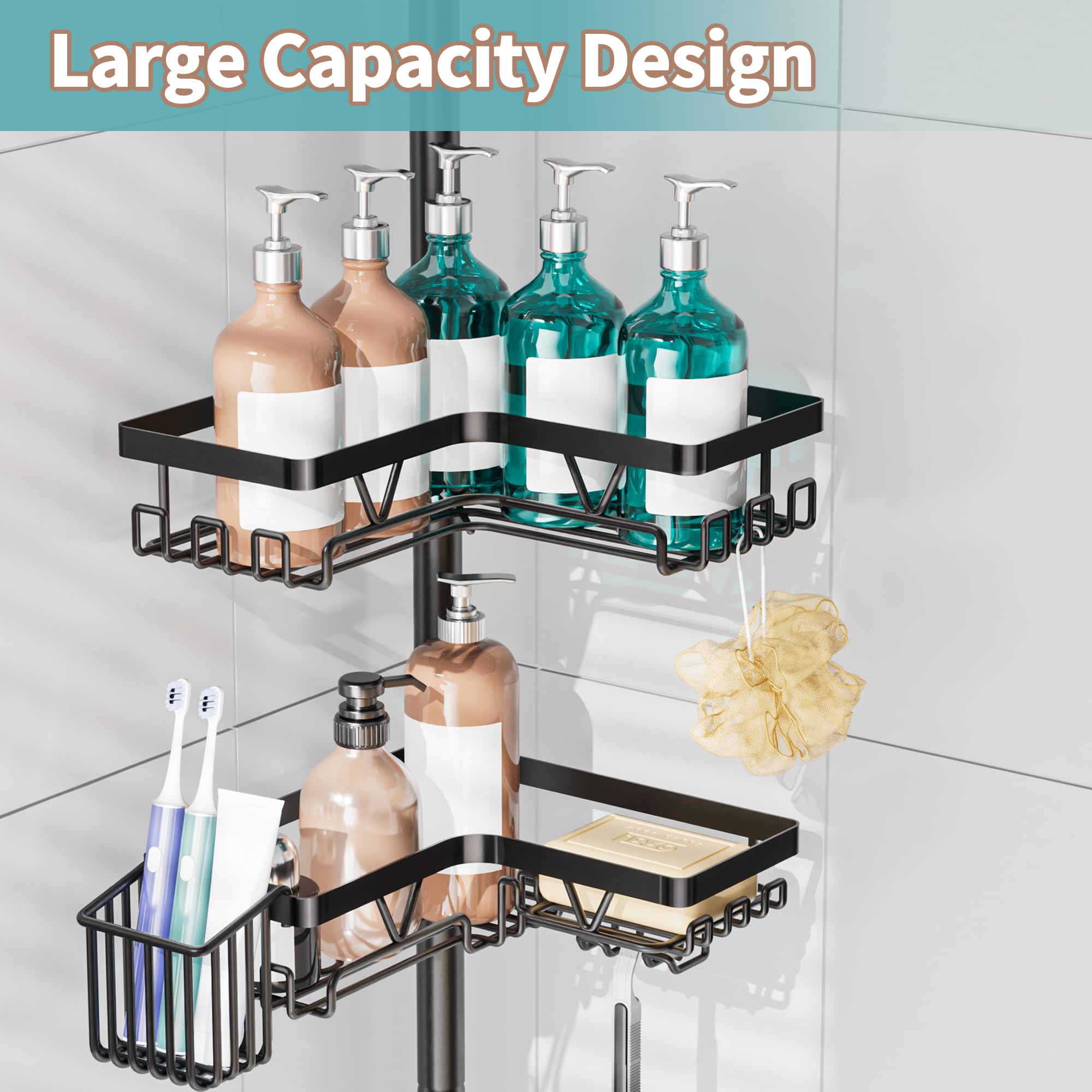 KEGII shower caddy corner tension pole drainage baskets with deep fences prevent spills