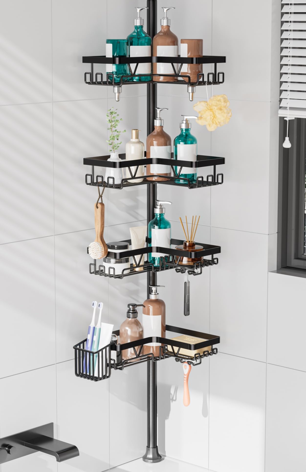 KEGII shower caddy corner tension pole front view showing compact, space-saving design