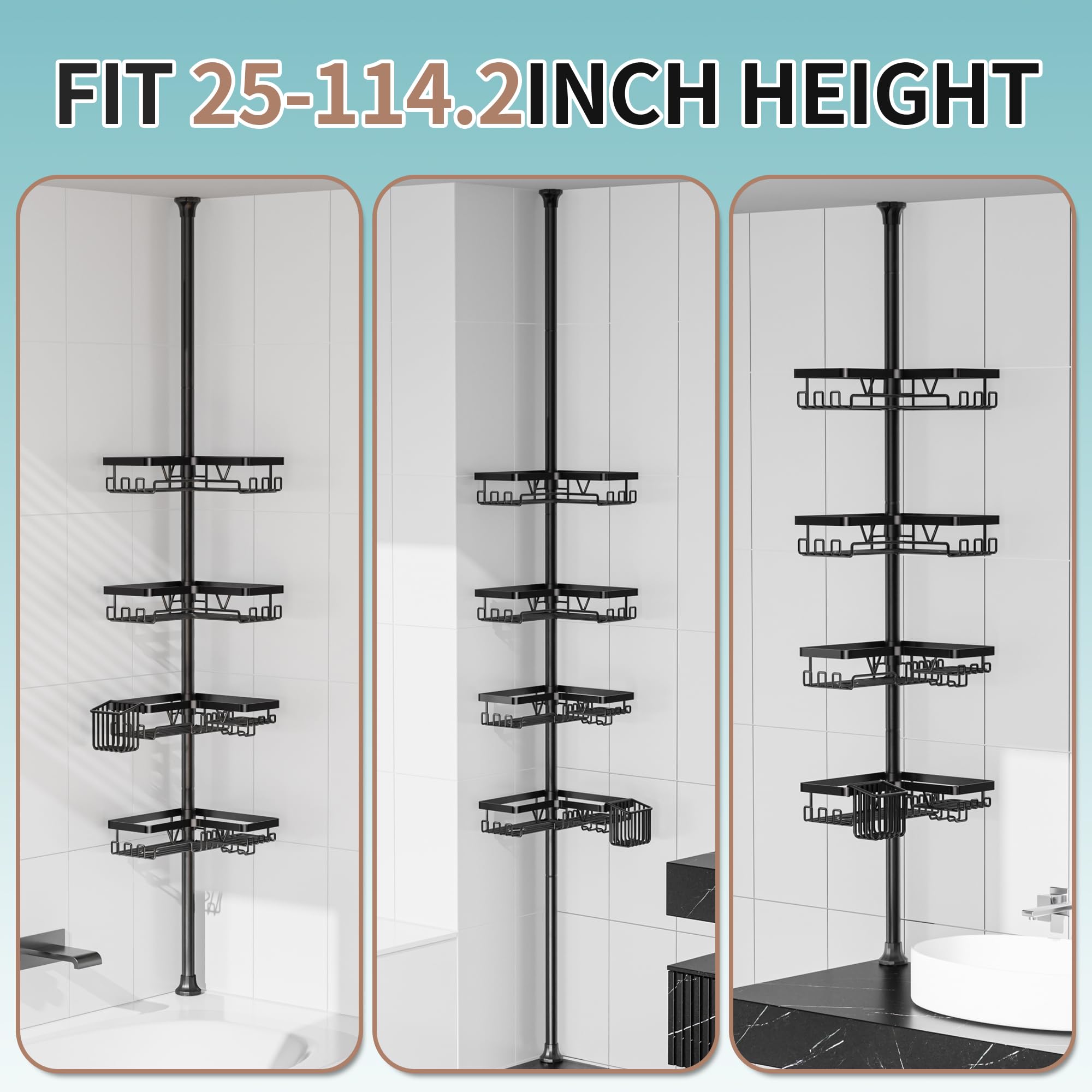 KEGII shower caddy corner tension pole in-bathroom setup fits most showers and reduces clutter