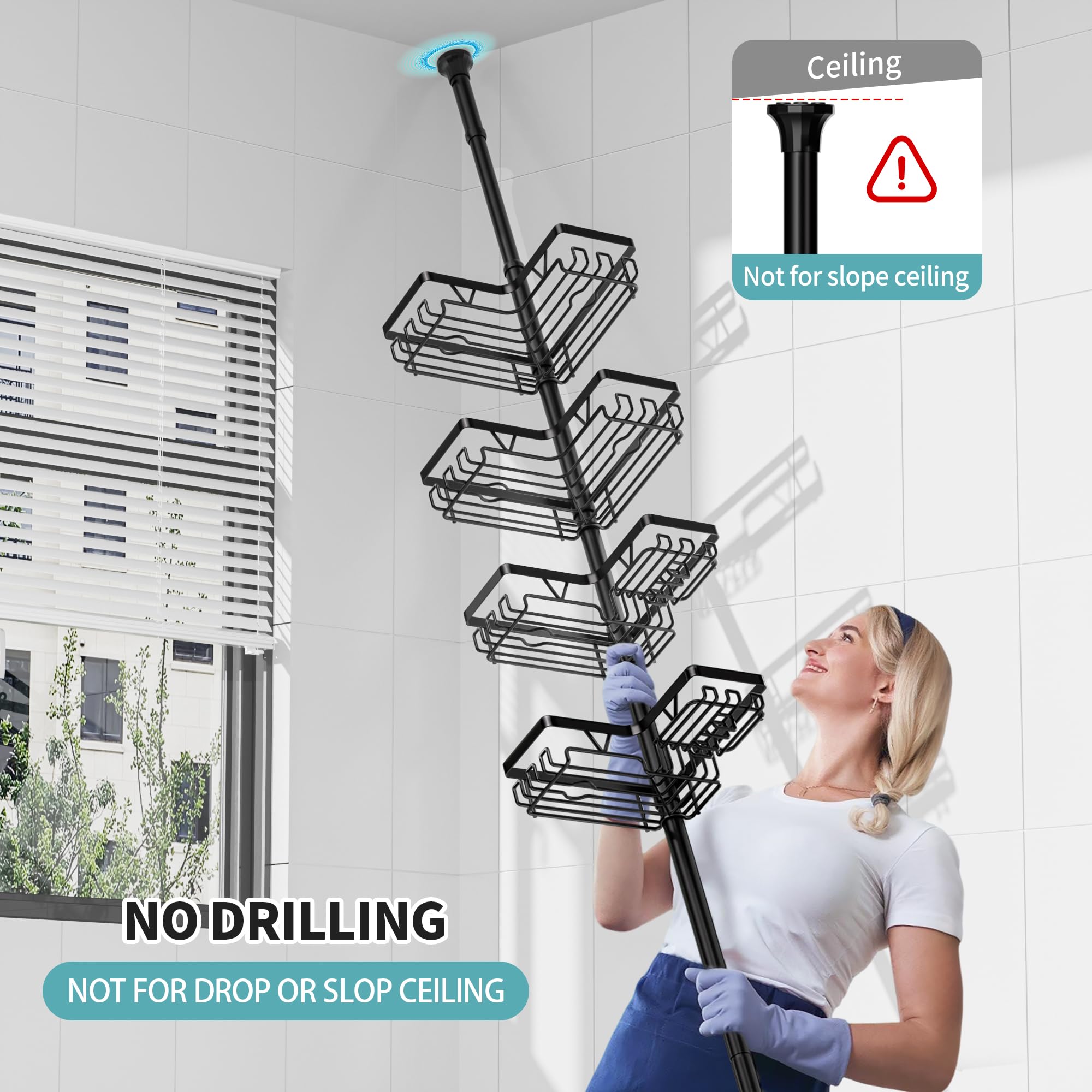 KEGII shower caddy corner tension pole shelves adjustable spacing for tall bottles