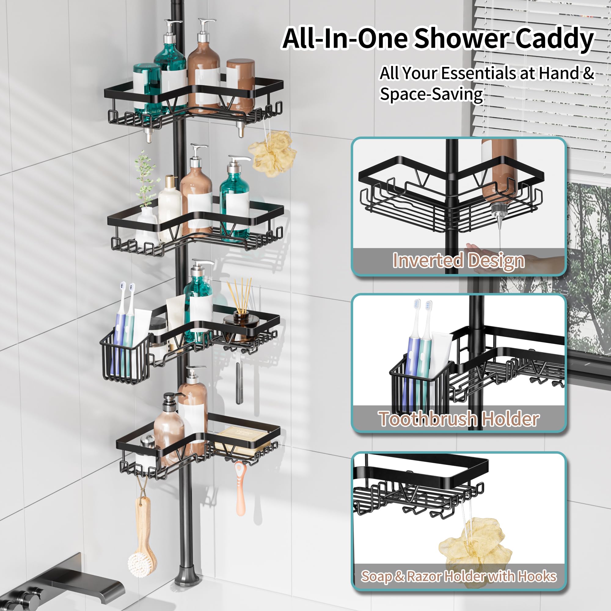 KEGII shower caddy corner tension pole toothbrush holder keeps daily brushing organized