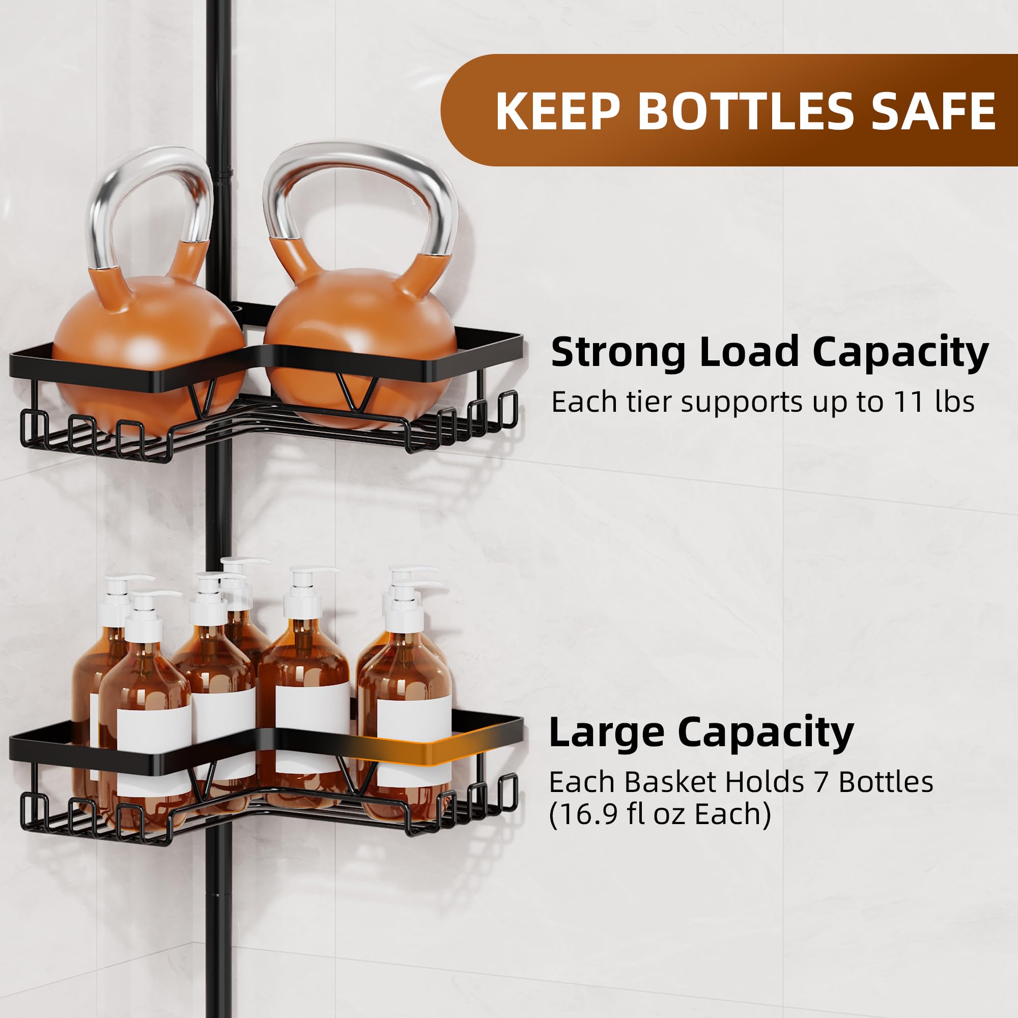 Kegii shower caddy inverted-bottle opening supports easy dispensing.