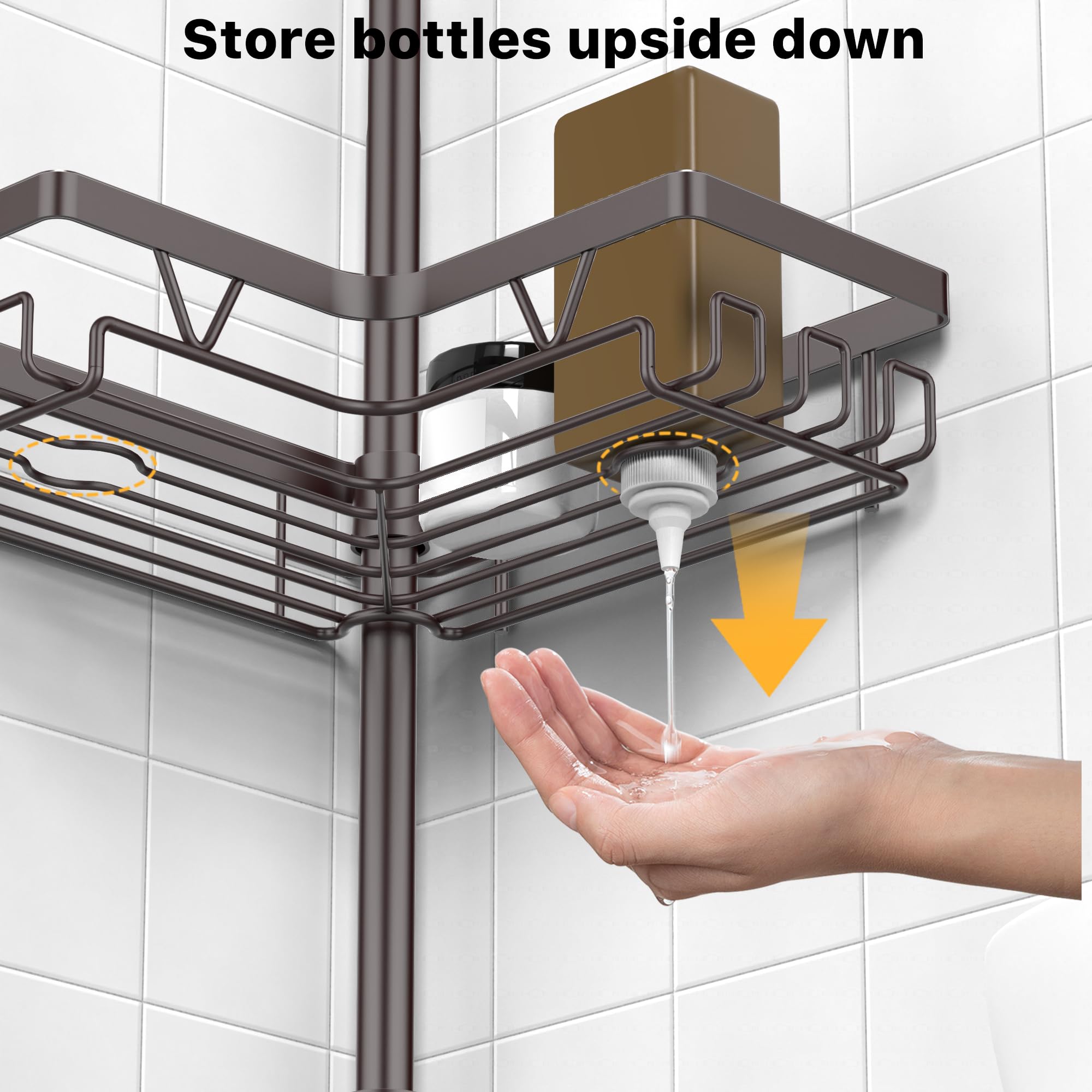 KEGII inverted bottle slots for upside down shampoo storage.