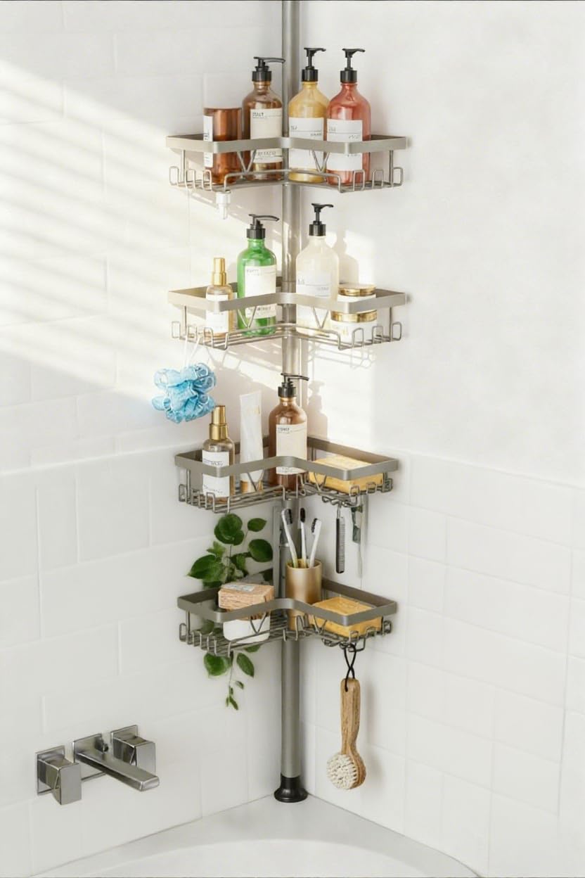 KEGII shower caddy tension pole, 4-tier design keeps shampoo and conditioner within easy reach.