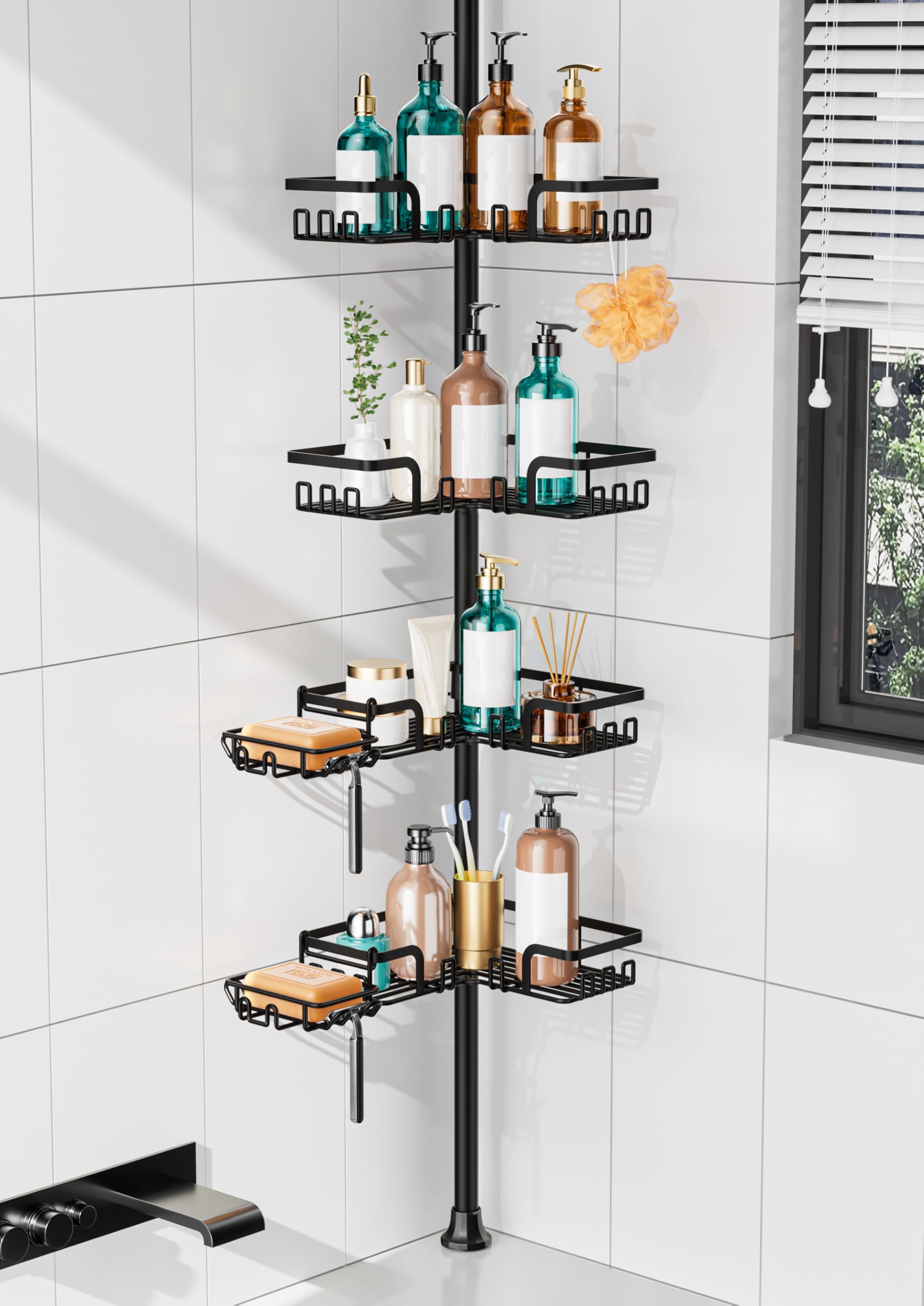 KEGII shower caddy with tension pole corner setup for versatile, drill-free installation.