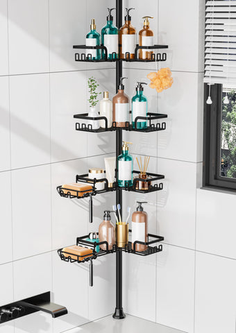 KEGII shower caddy with tension pole corner setup for versatile, drill-free installation.