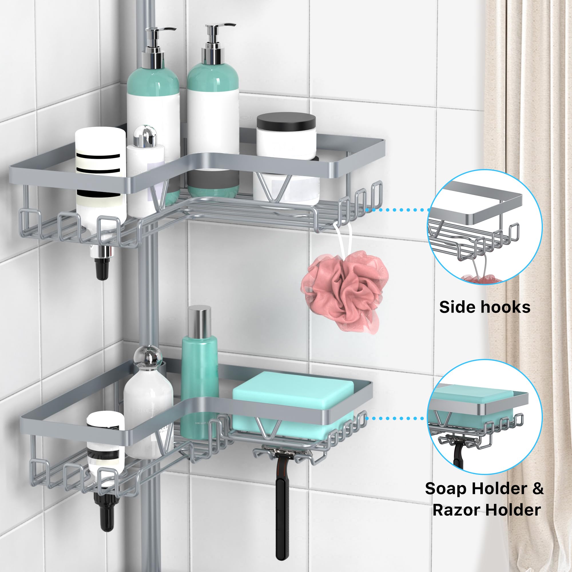 KEGII tension pole extends from 25 to 114 inches for flexible shower fit.