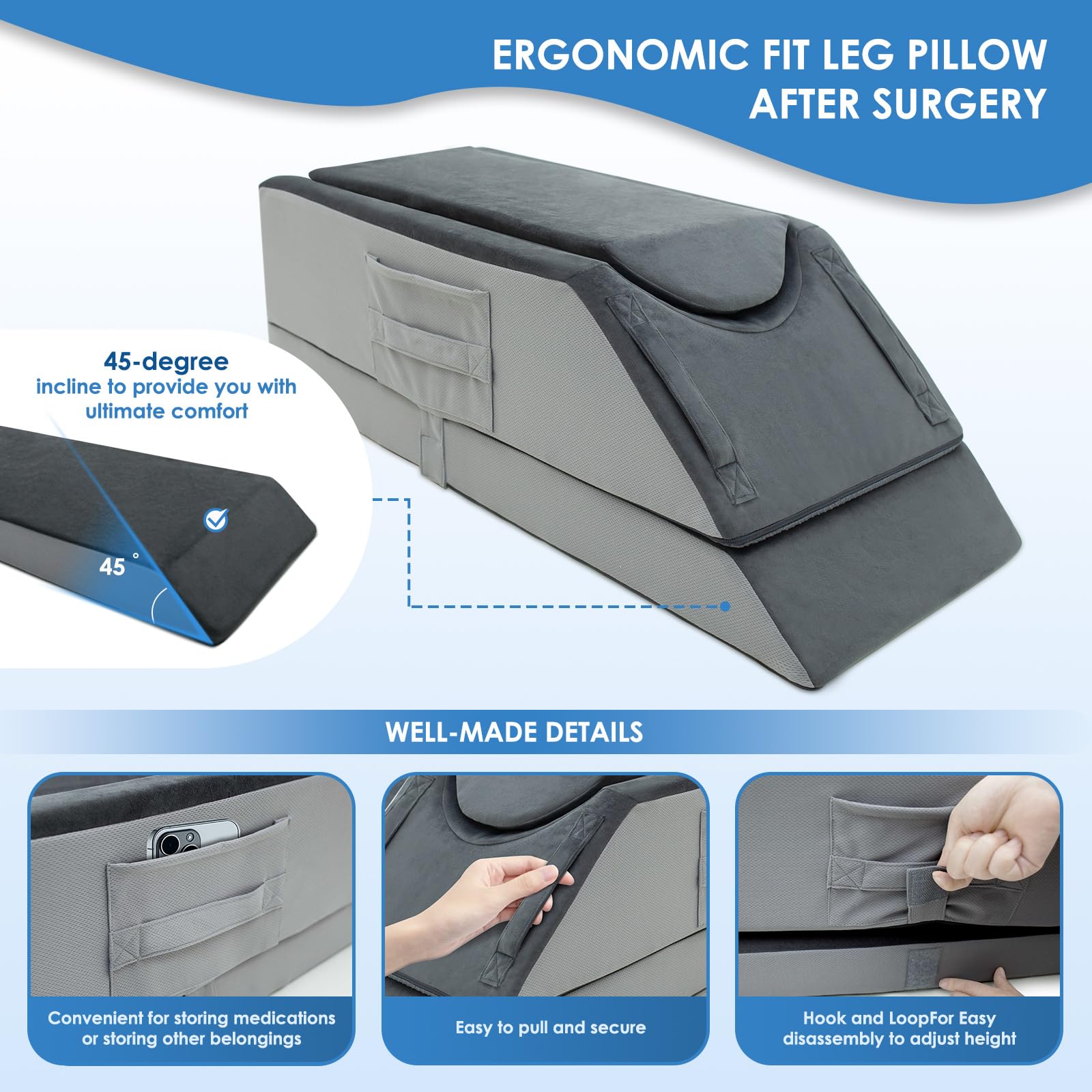 Kehangte leg elevation pillow with removable washable cover for easy cleaning.