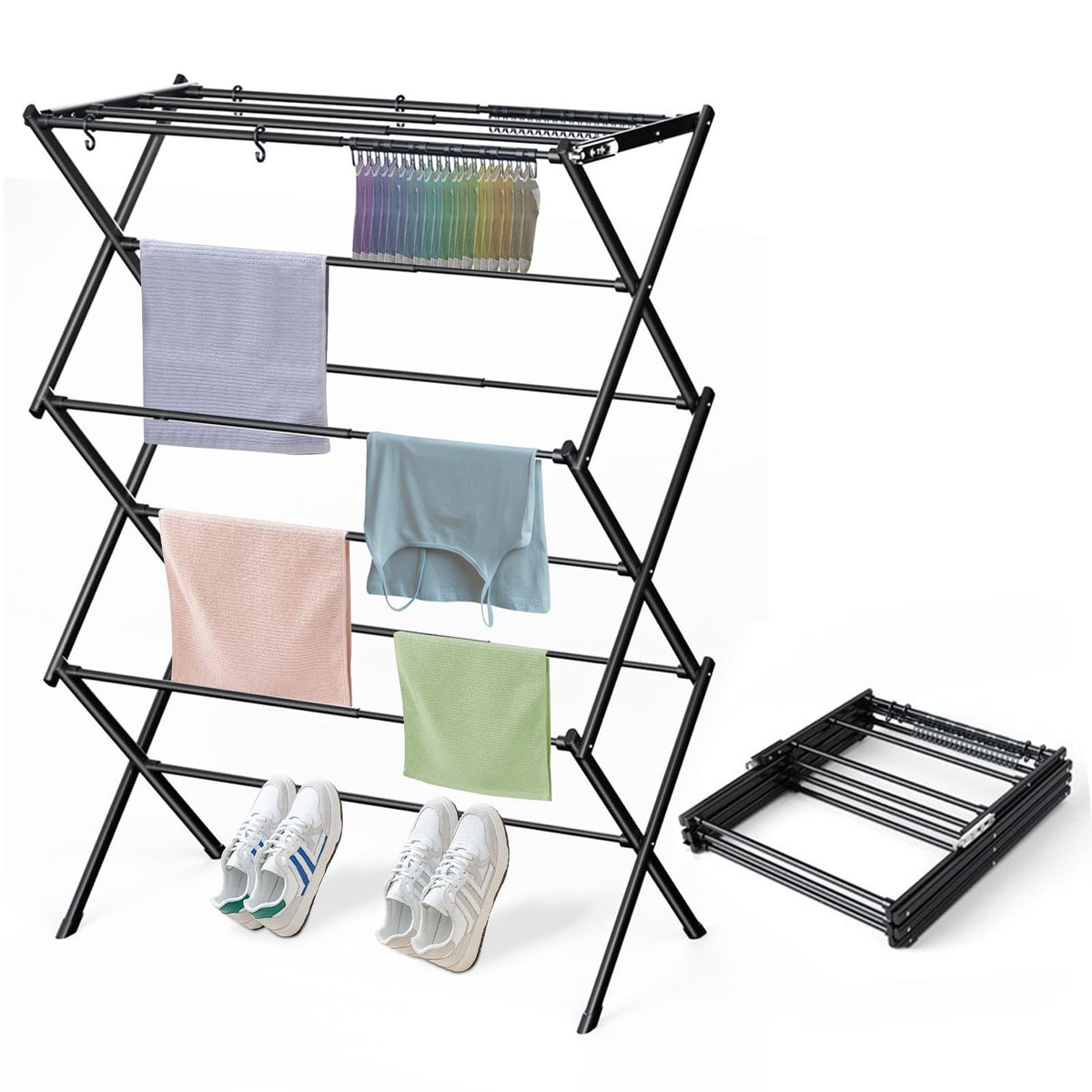 KeingGcopr foldable drying rack demonstrates compact storage for small spaces.