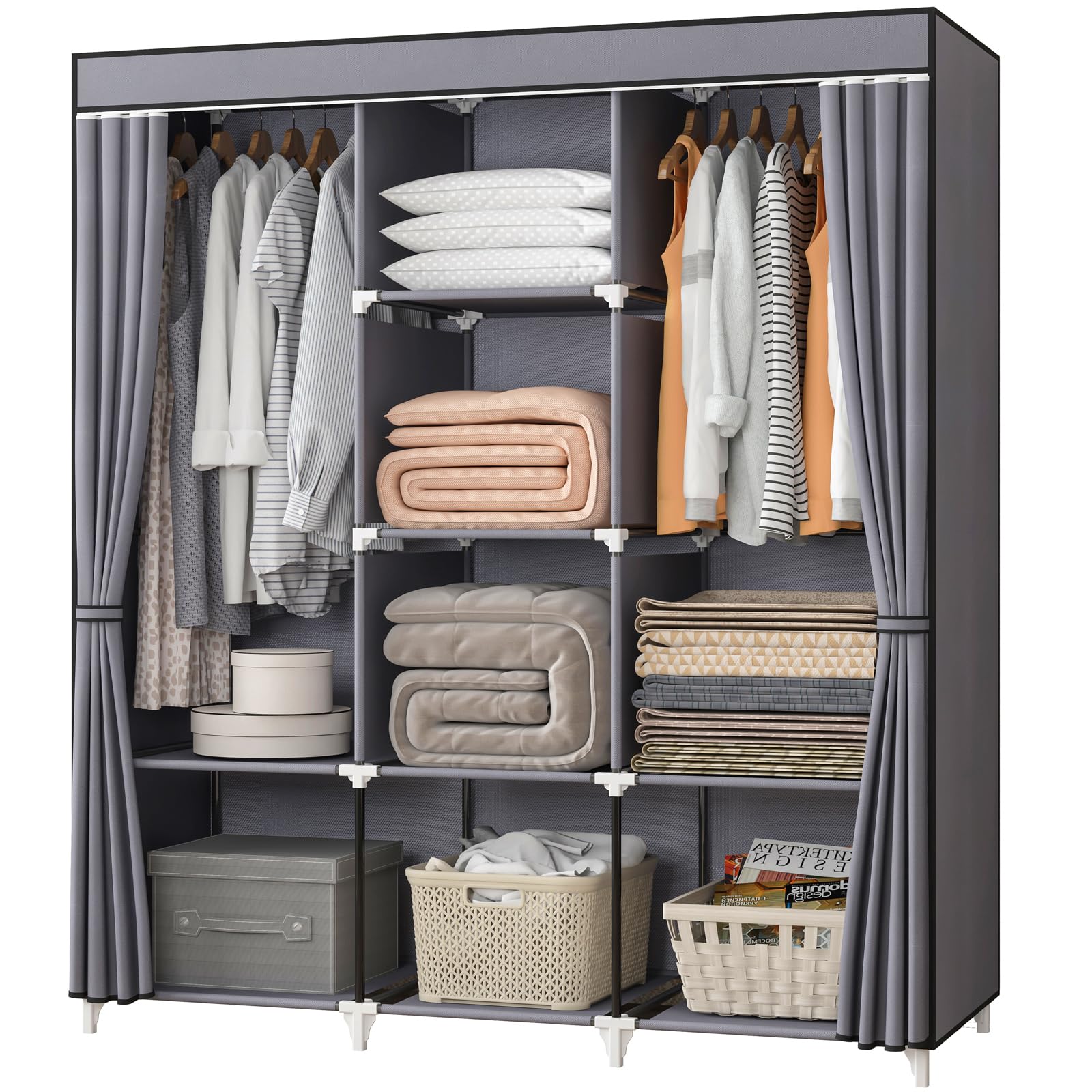 KEKIWE portable closet 51inch front view with dual hanging rods for organized outfits.