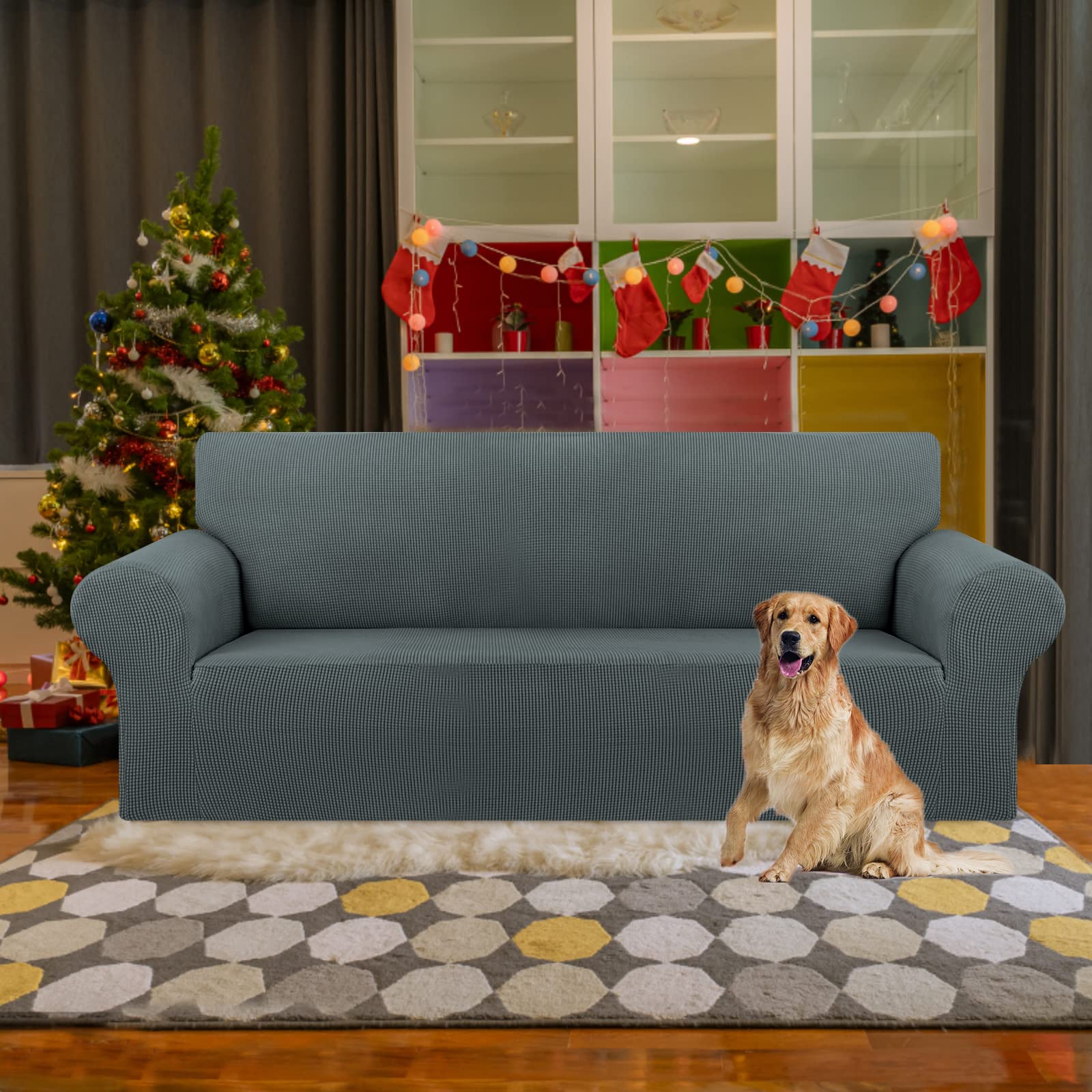 KEKUOU 78-94 inch sofa cover offers an easy fit with snug elastic bottom.