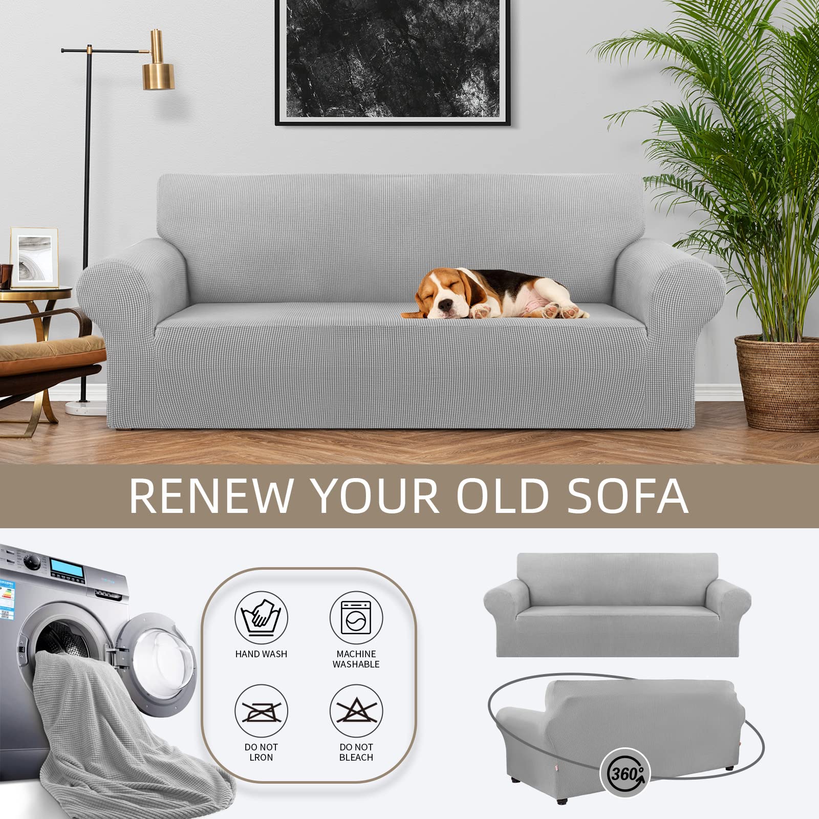 KEKUOU easy-install guide shows quick setup for a silver slipcover.