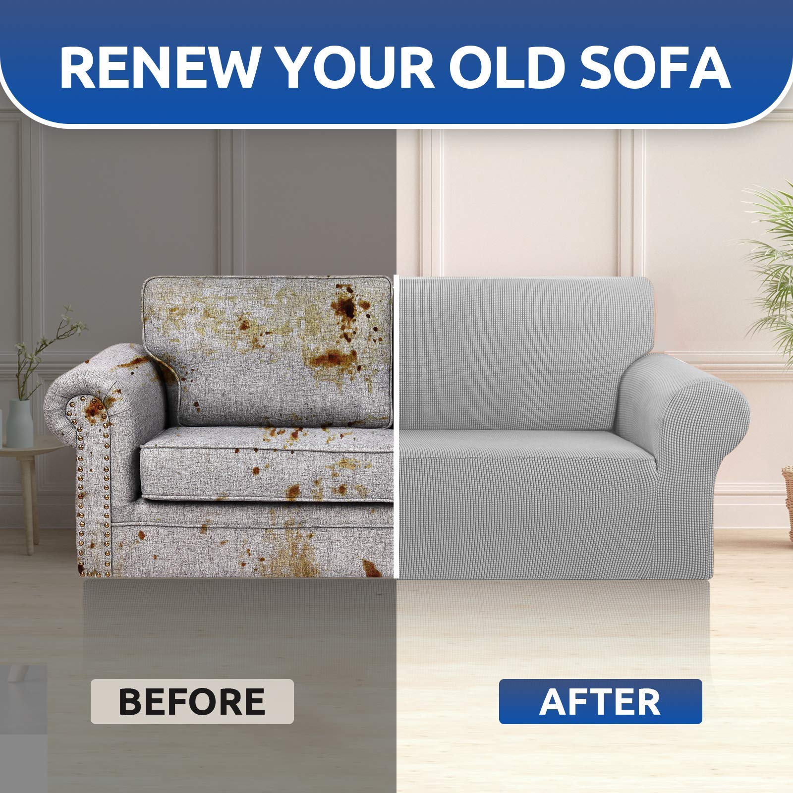 KEKUOU silver finish sofa cover enhances modern living room aesthetics.