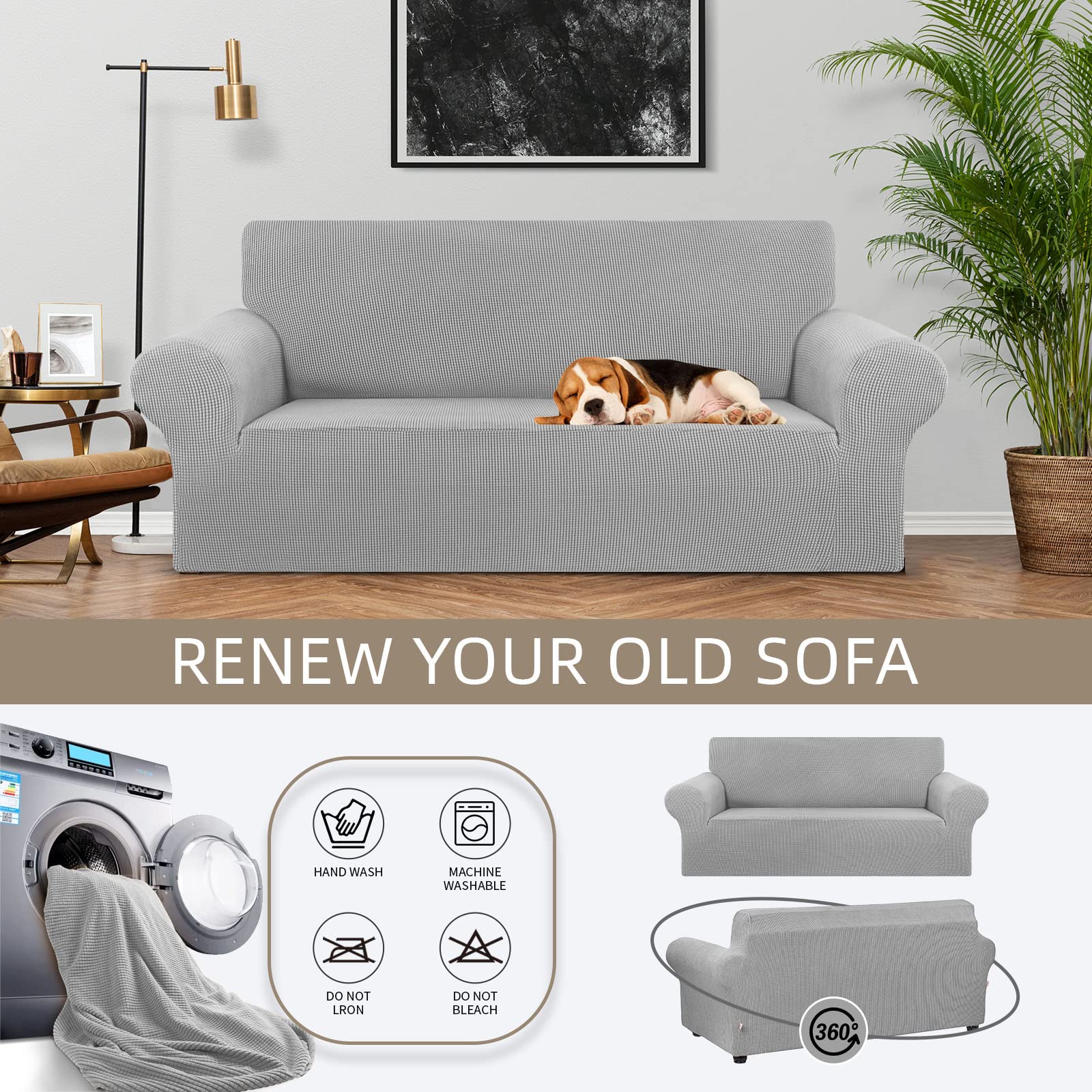 KEKUOU slipcover for 2-cushion sofa protects upholstery from pet and kid messes.