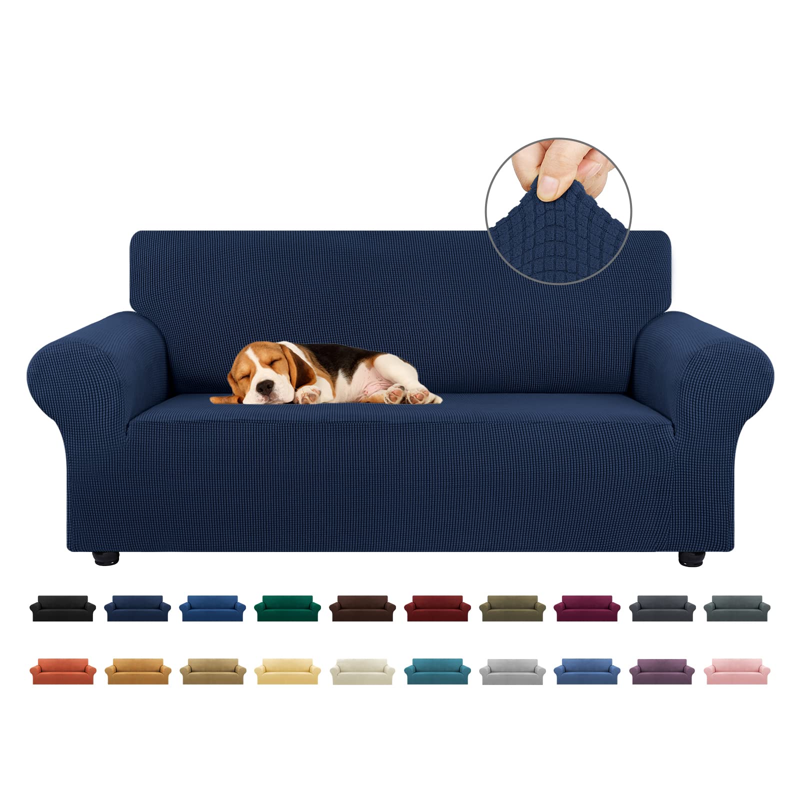 KEKUOU stretch loveseat cover in navy small-check protects your sofa.