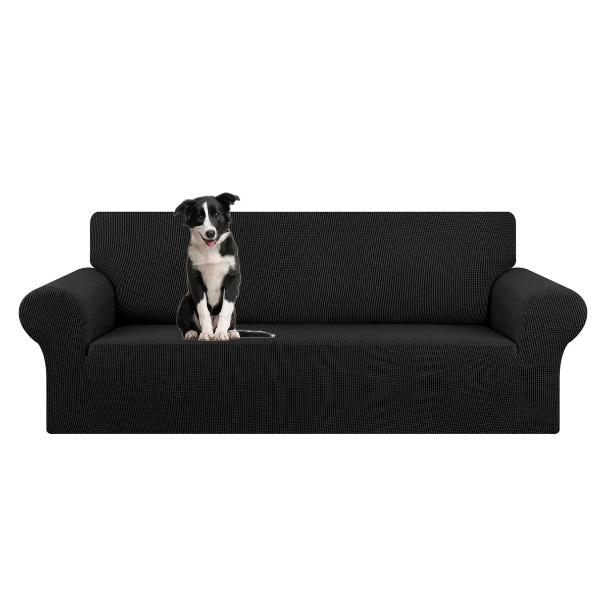 KEKUOU stretch slipcover on a 94-110 inch black jacquard sofa for kids and pets.