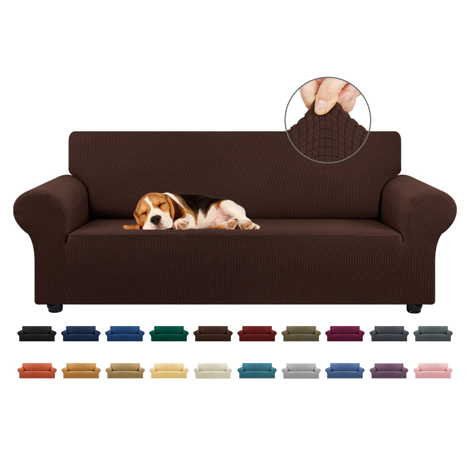 KEKUOU stretch sofa cover on a chocolate sofa, front view, protective and stylish.