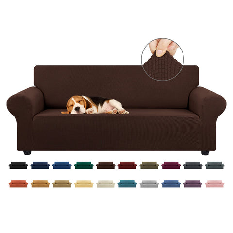 KEKUOU stretch sofa cover on a chocolate sofa, front view, protective and stylish.