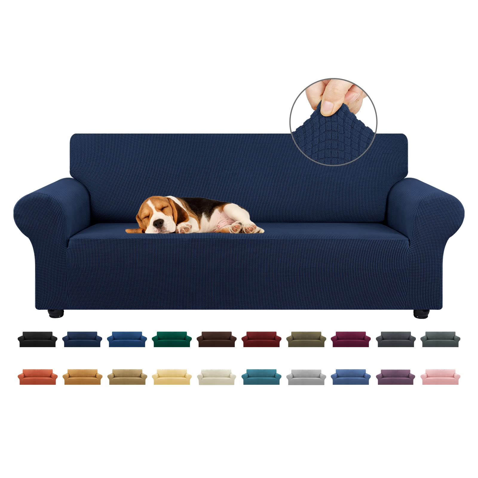 KEKUOU stretch sofa cover in navy jacquard protects a 78-94 inch couch from spills.