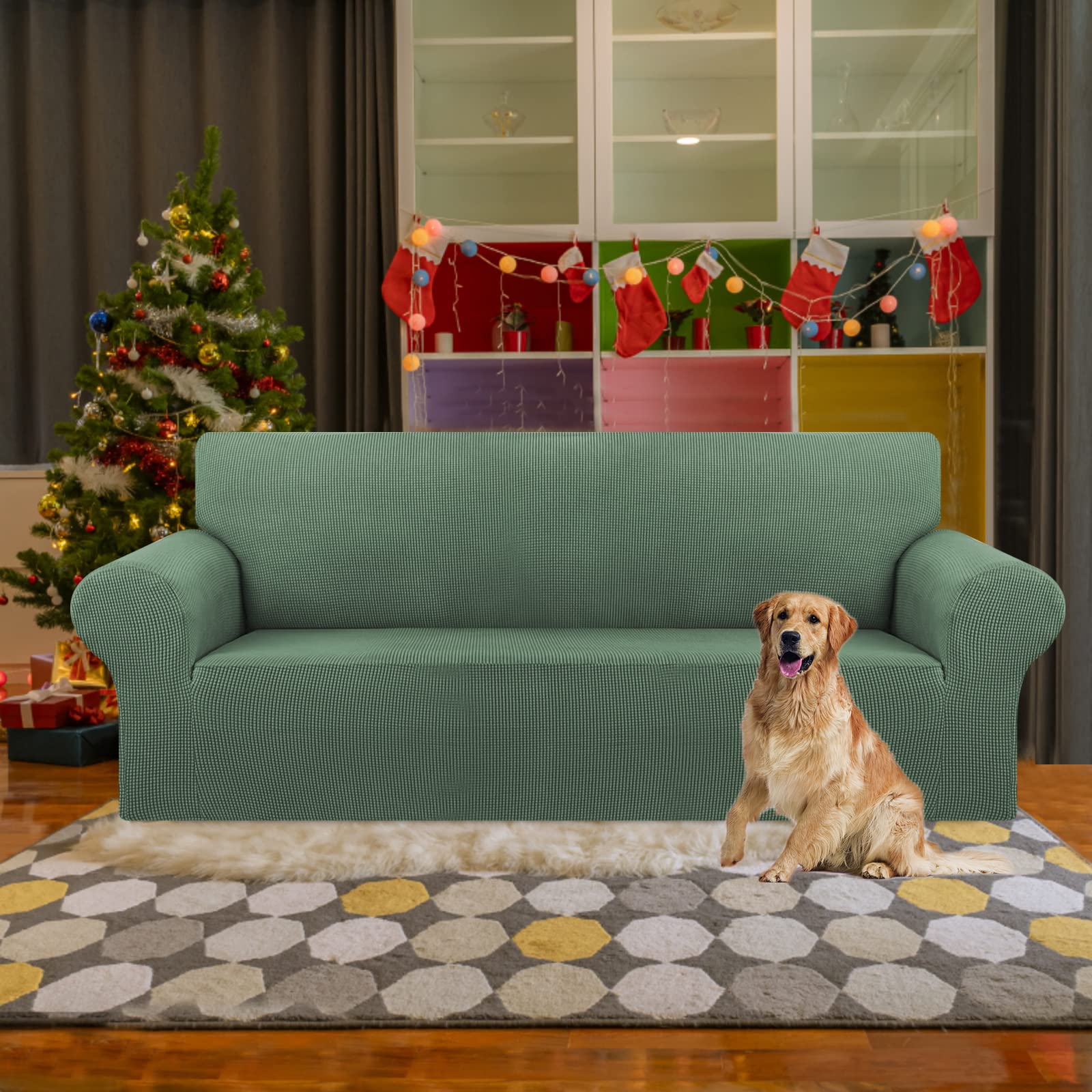 KEKUOU stretch sofa cover closeup fabric texture shows wrinkle resistance and flexible fit