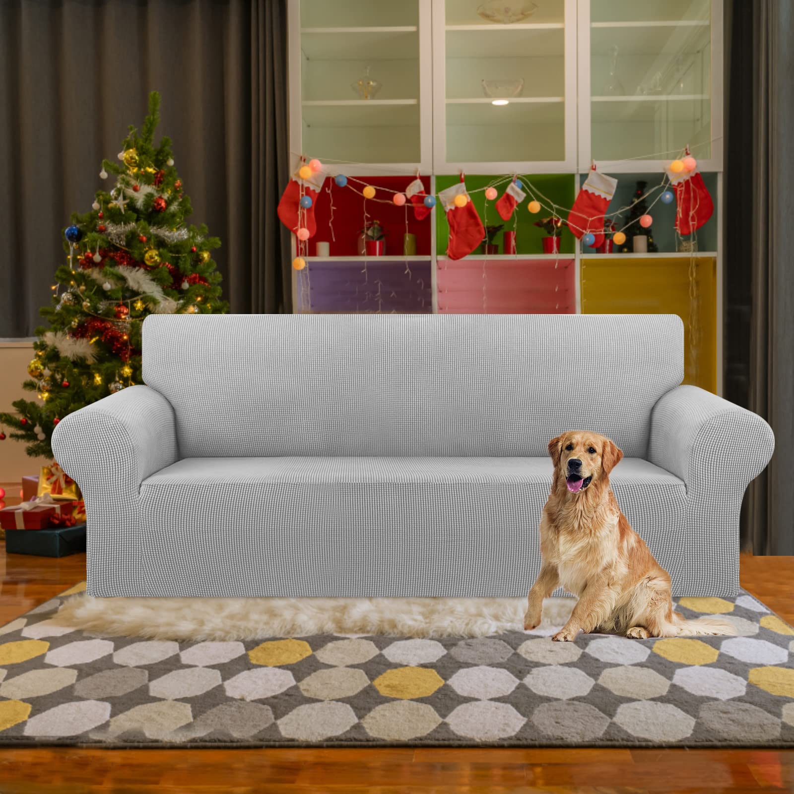 KEKUOU jacquard small-checked slipcover on a silver sofa.