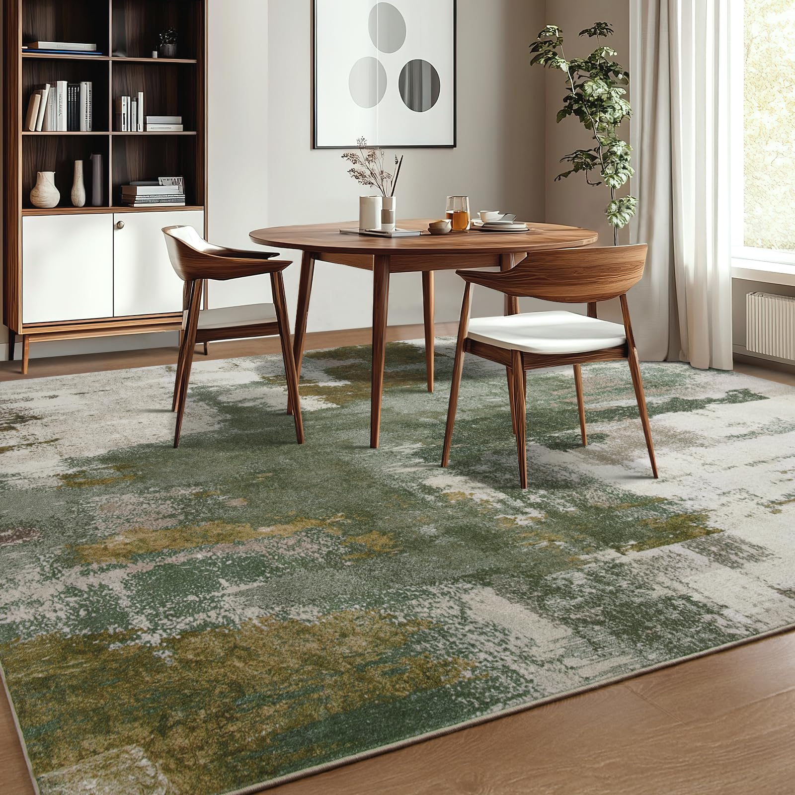 Kelarea dining room setting with neutral rug under the table.