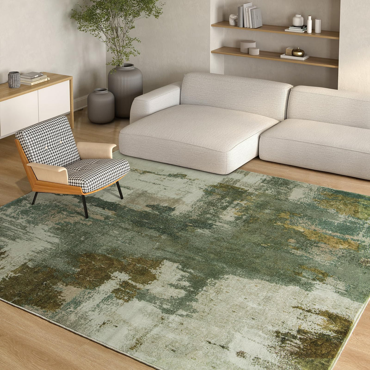 Kelarea 5x7 living room rug shows soft faux wool texture for plush comfort.