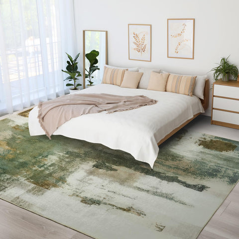 Kelarea modern abstract green rug enhances contemporary decor.