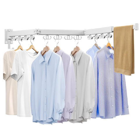 Kelisiting wall-mounted drying rack fully extended to maximize space for large laundry loads.