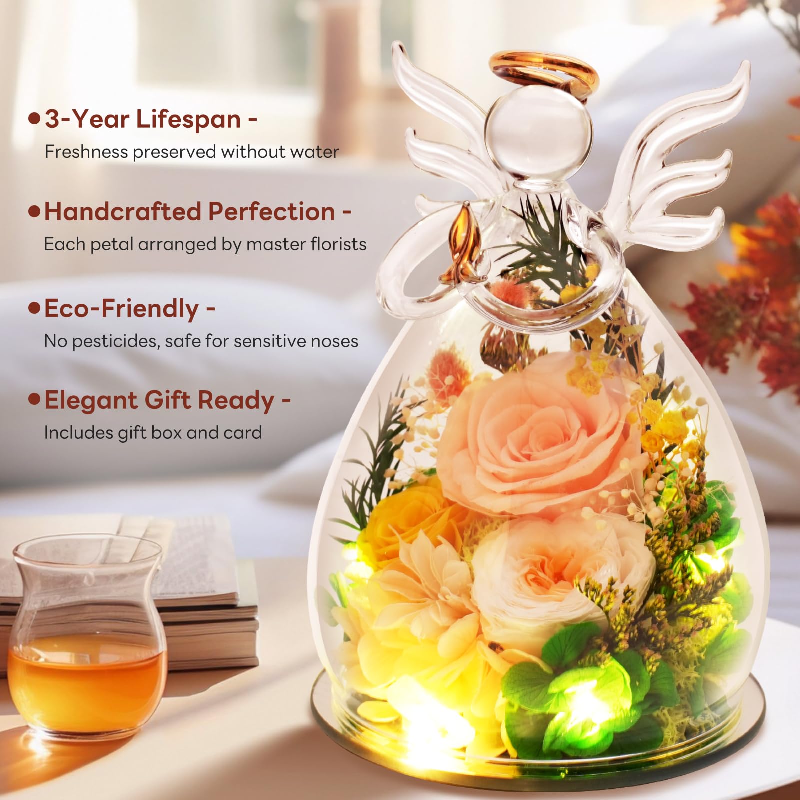 Kemiputi gold accented wings add refined detail to the angel sculpture.