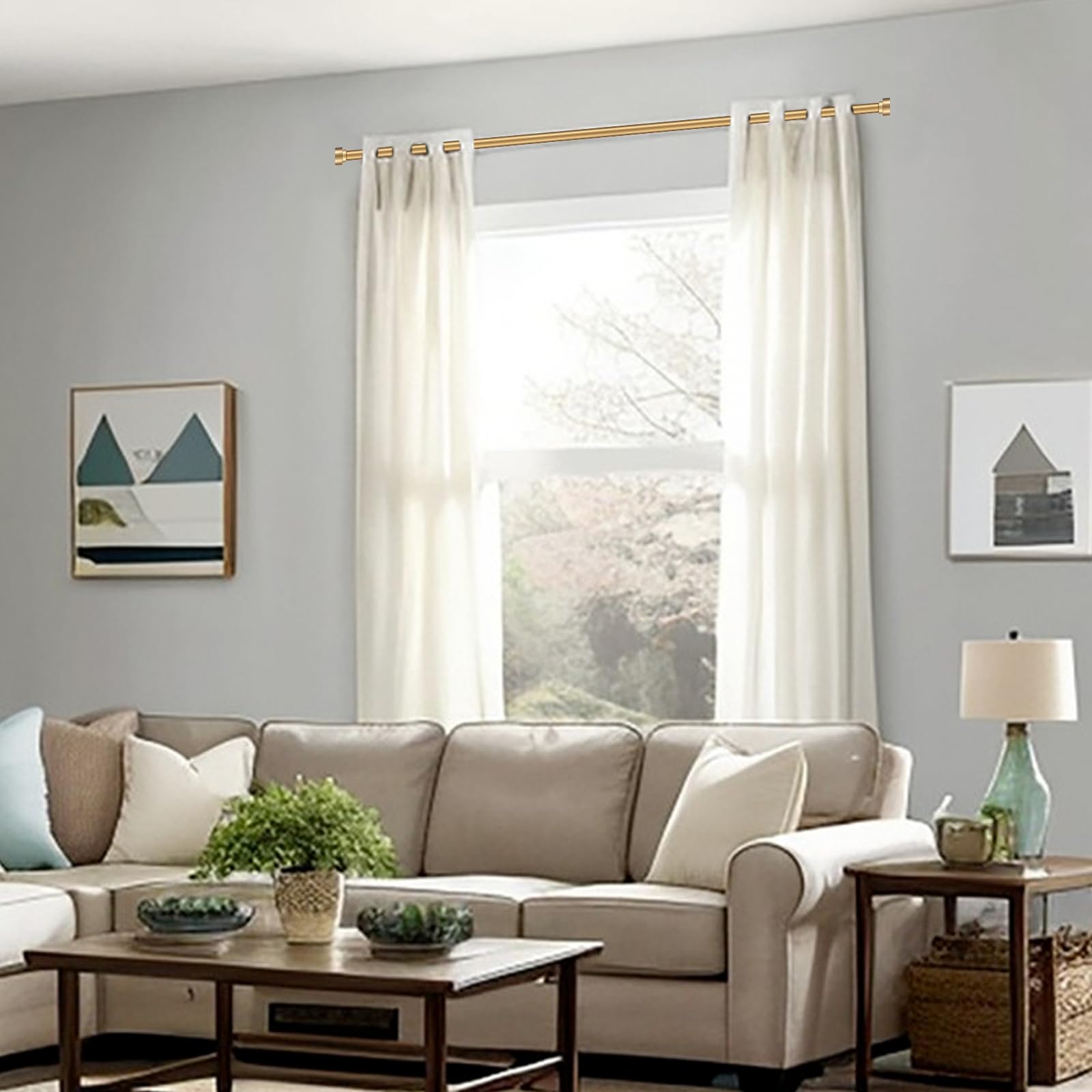 Kemmie warm gold curtain rod finials close-up highlighting aluminum alloy details