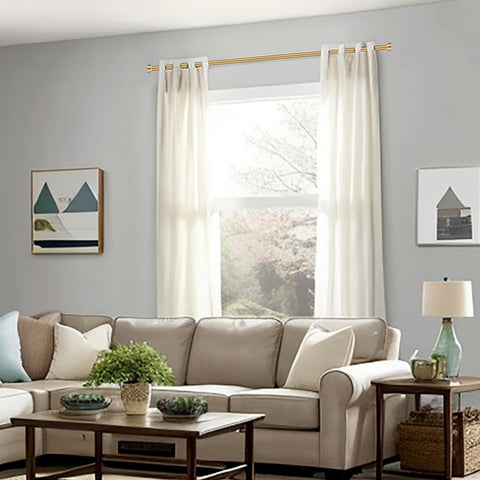 Kemmie warm gold curtain rod finials close-up highlighting aluminum alloy details