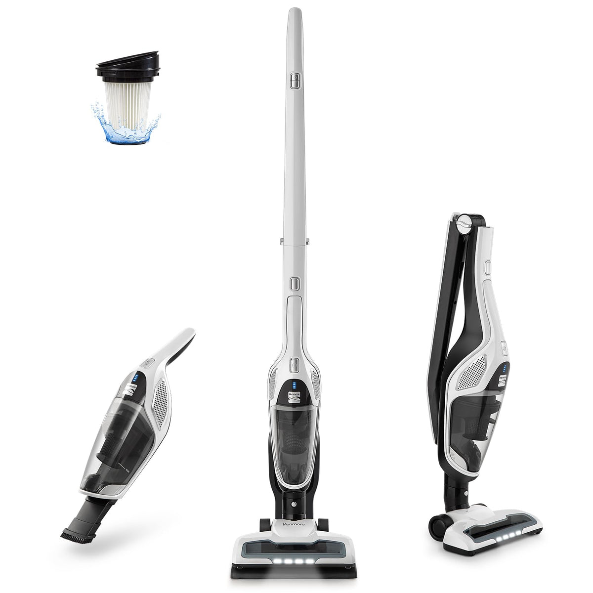 Kenmore DS2000 cordless vacuum battery life enables thorough cleaning on carpets and hard floors.