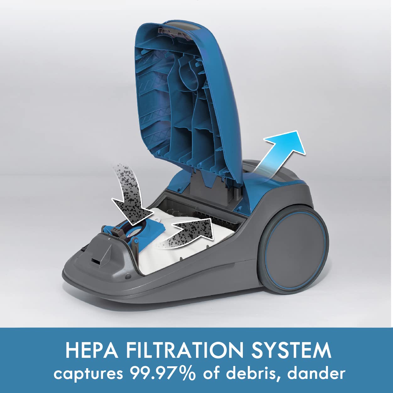 Kenmore BC3005 HEPA-filtering system showcases clean air after pet hair removal.