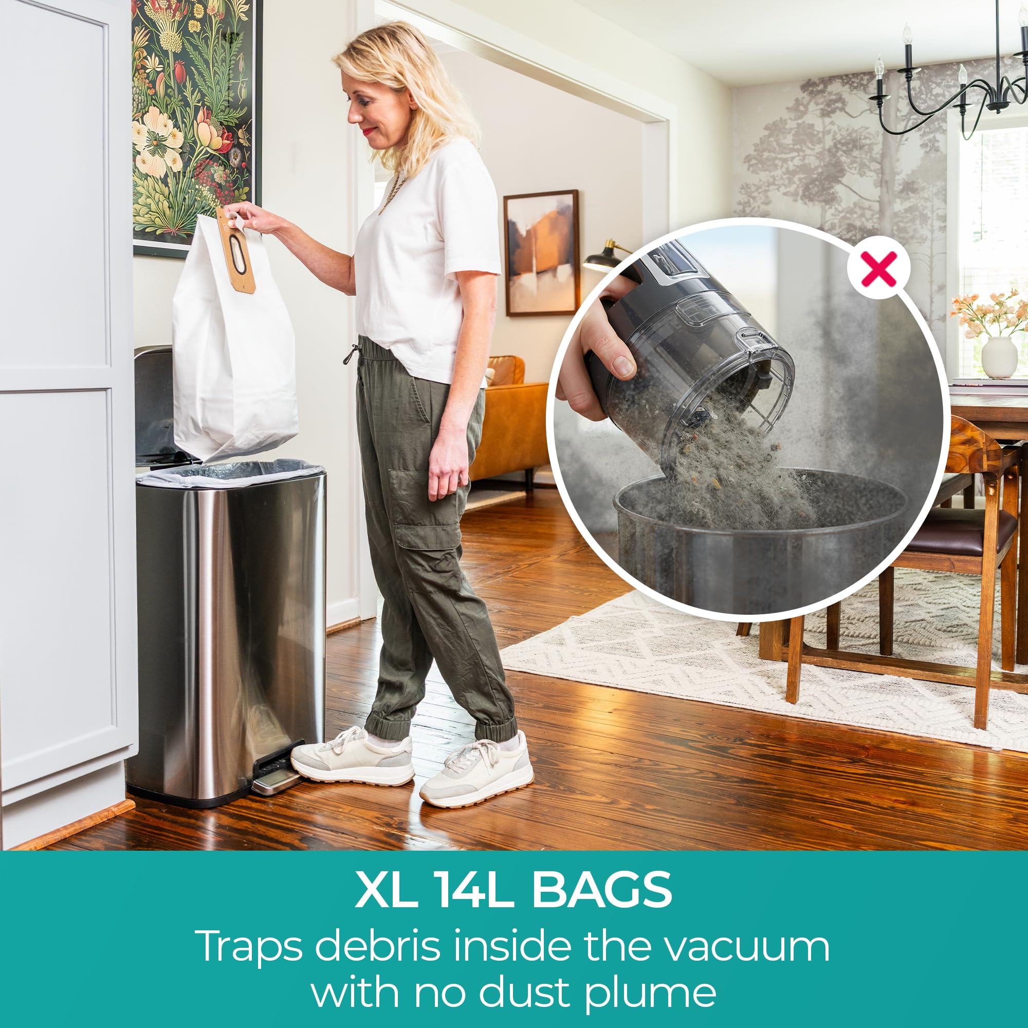 Bagged design with 14-liter capacity for extended debris handling.
