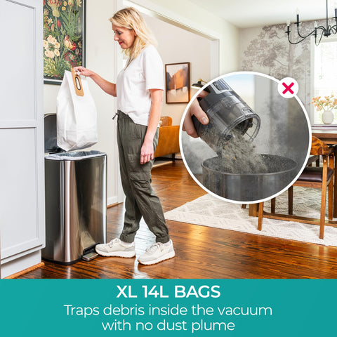 Bagged design with 14-liter capacity for extended debris handling.