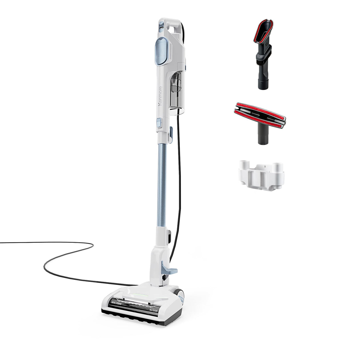 Kenmore CS2015 corded stick vacuum powers carpet cleaning with strong suction.