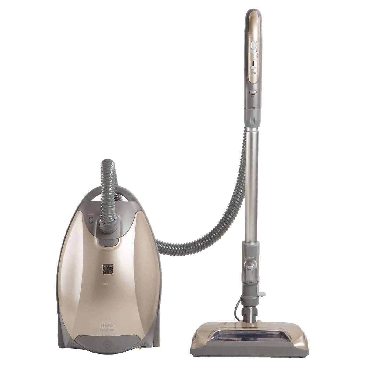 Kenmore Elite Pet PowerMate attachment lifting pet hair from upholstery.