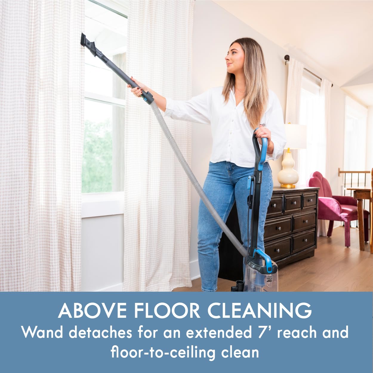 Kenmore FeatherLite 7-foot hose extended for above-floor cleaning